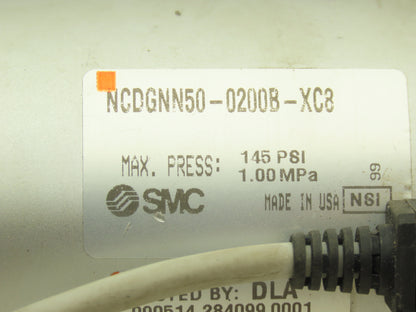 SMC NCDGNN50-0200B-XC8 Pneumatic Air Cylinder 200mm Stroke Adj Rod Stop 145psi