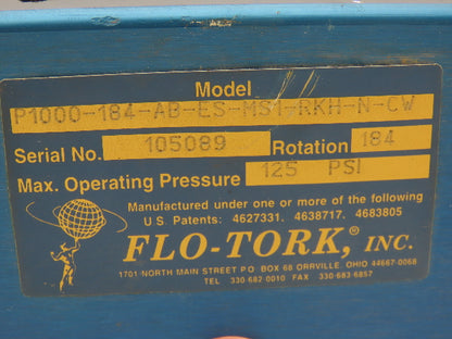 Flo-Tork P1000-184-AB-ES-MS1-RKH-N-CW Pneumatic Valve Actuator 184° 125psi