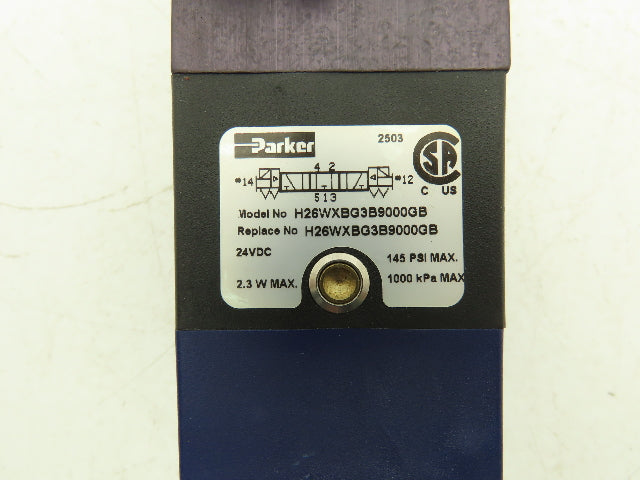 Parker H26WXBG3B9000GB Pneumatic Air Solenoid Valve 3 Pos 5 Way 24VDC Coil 145 PSI