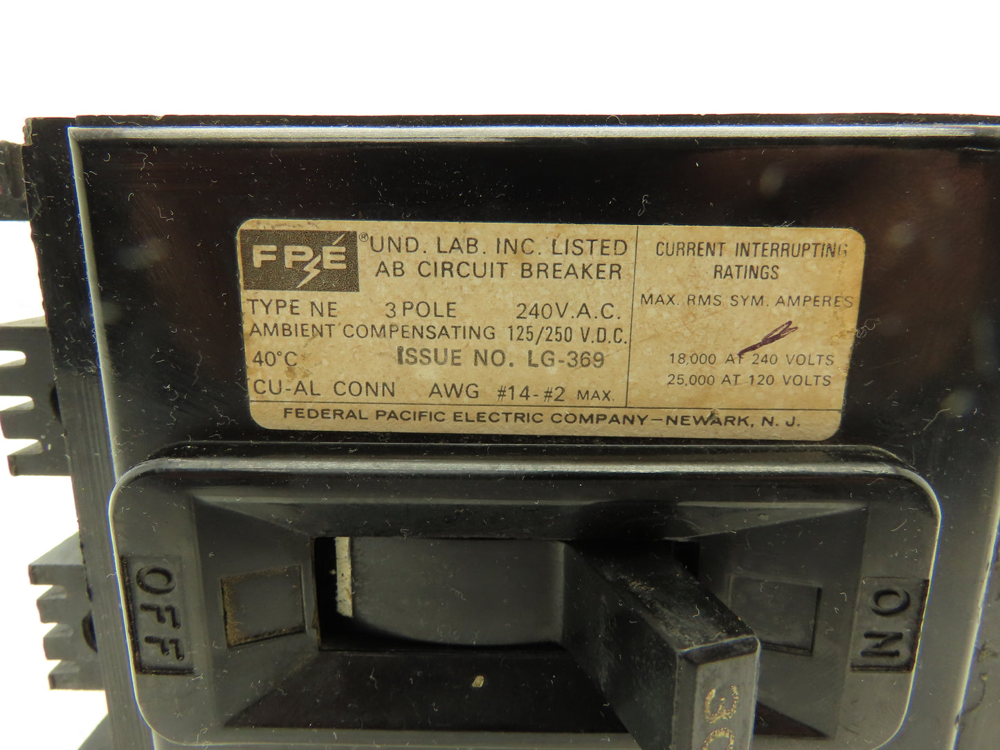 Federal Pacific Electric LG-369 3-Pole Circuit Breaker 240VAC Type NE