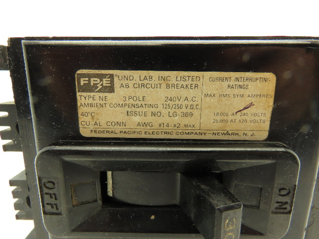 Federal Pacific Electric LG-369 3-Pole Circuit Breaker 240VAC Type NE