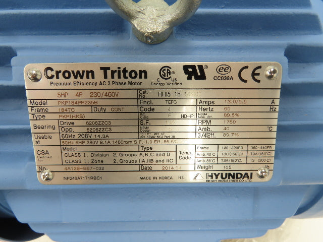Hyundai HHI5-18-184TC AC Motor 5Hp 1760rpm 230/460V 184TC TEFC