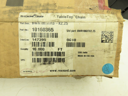 Rexnord BWR1863TAB-K2.25 TableTop Conveyor Chain Side Flex 2.25"x 10'L Black
