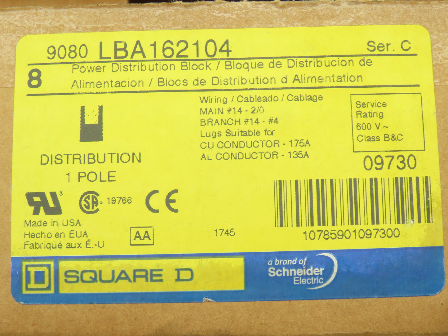 Square D 9080LBA162104 Power Distribution Terminal Block 1Pole 600V Lot of 5