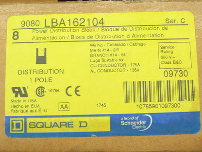 Square D 9080LBA162104 Power Distribution Terminal Block 1Pole 600V Lot of 5