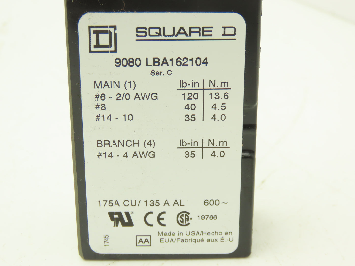 Square D 9080LBA162104 Power Distribution Terminal Block 1Pole 600V Lot of 5