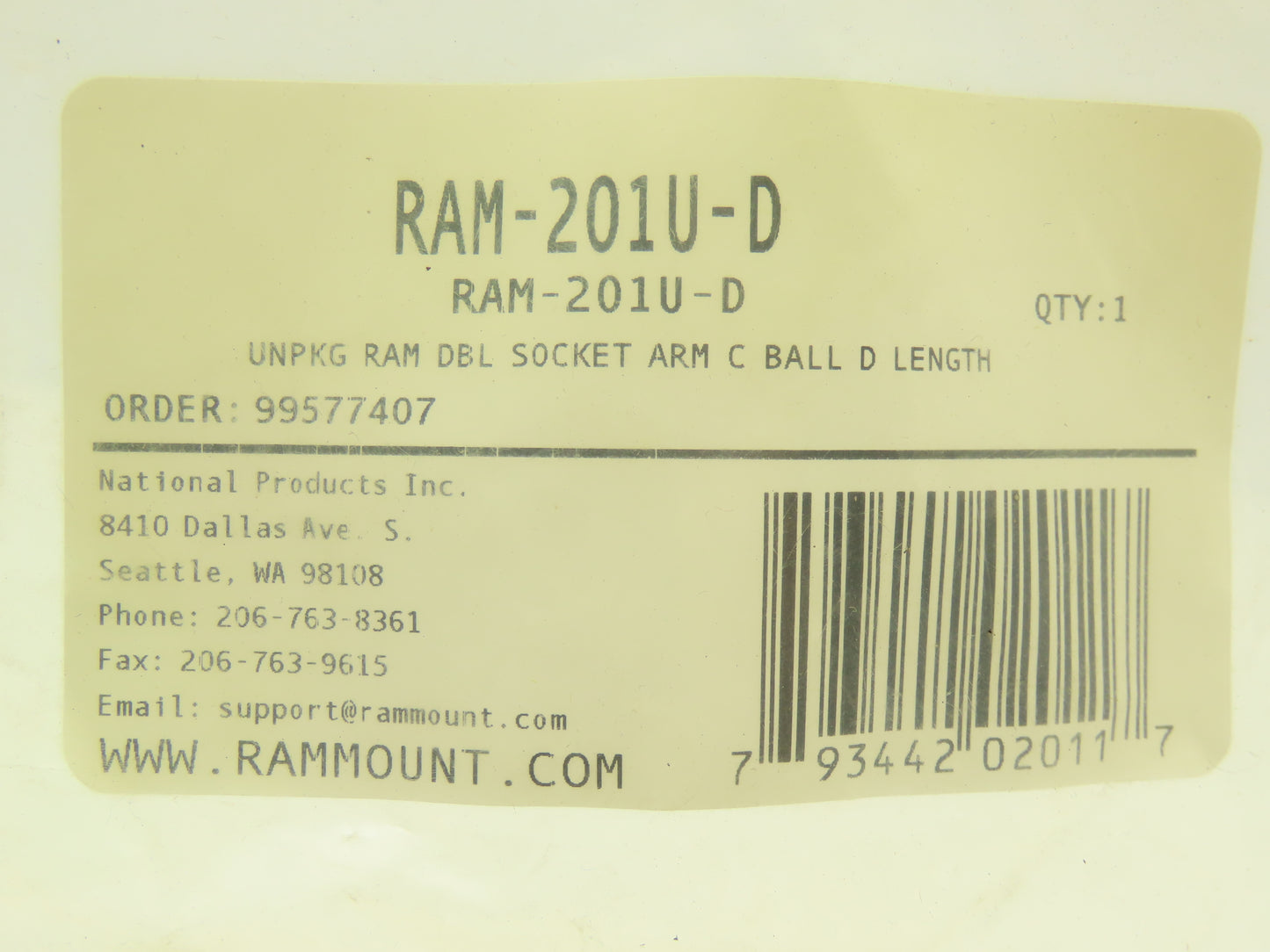 Ram Mounts RAM-201U-D Double Socket Arm Size C Long