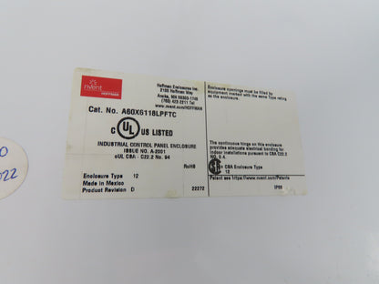 Hoffman A60X6118LPFTC Electrical Enclosure 60x61x18" Dual Door Control Box
