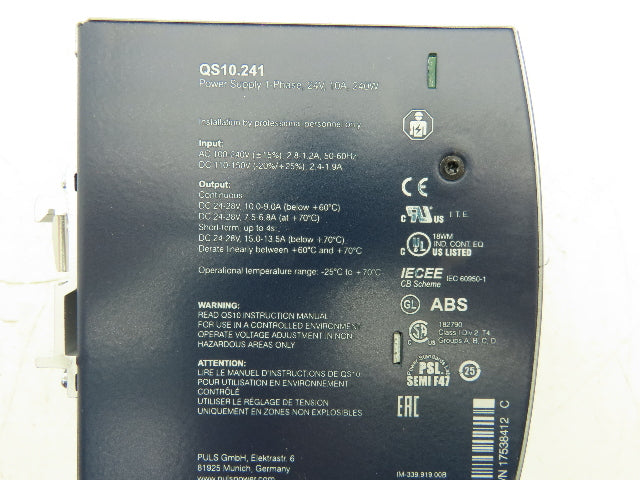 PULS Dimension QS10.241 DC Power Supply 24V 10A Out 100-240V 3PH In