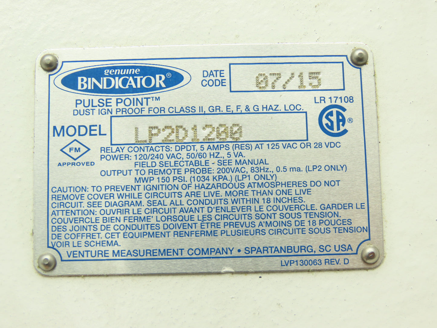 Bindicator LP2D1200 Pulse Point Level Transmitter Sensor 3/4" NPT