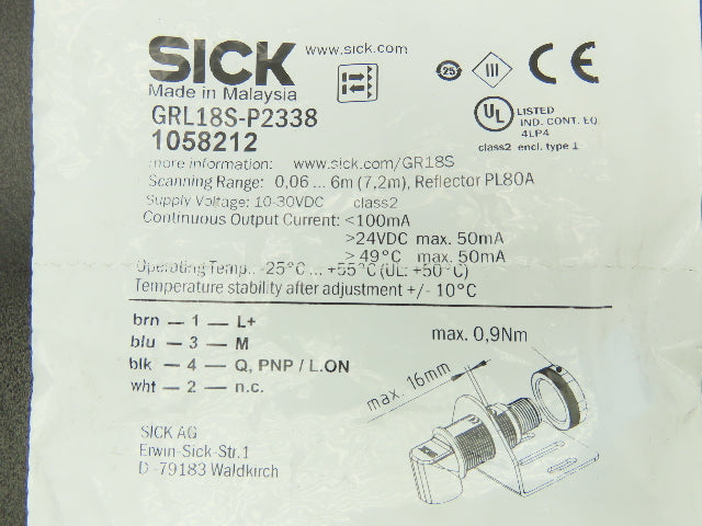 Sick 1058212 Photoelectric retro-reflective sensor M18x1 Mounting Radial Axis