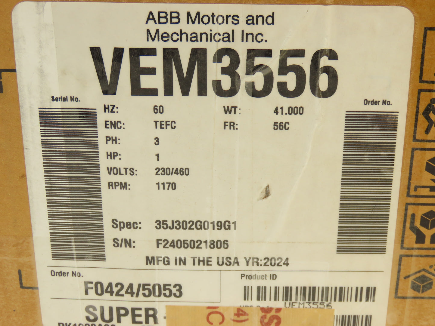 Baldor VEM3556 Super E AC Motor 1Hp 1170rpm 230/460V 3PH 56C TEFC