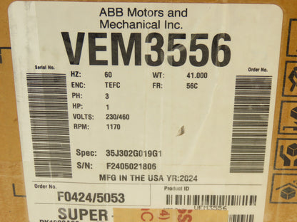 Baldor VEM3556 Super E AC Motor 1Hp 1170rpm 230/460V 3PH 56C TEFC