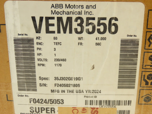 Baldor VEM3556 Super E AC Motor 1Hp 1170rpm 230/460V 3PH 56C TEFC