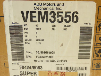 Baldor VEM3556 Super E AC Motor 1Hp 1170rpm 230/460V 3PH 56C TEFC