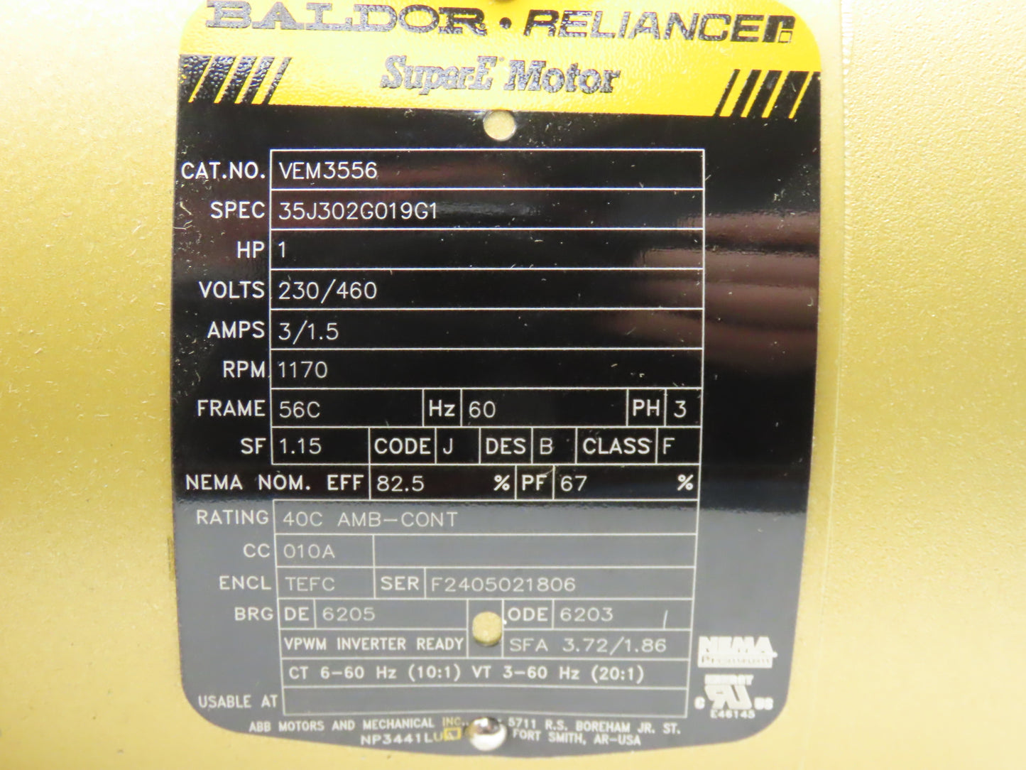 Baldor VEM3556 Super E AC Motor 1Hp 1170rpm 230/460V 3PH 56C TEFC