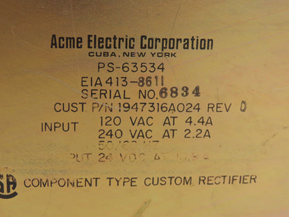 Acme Electric 1947316A024 PLC Power Supply Module 120V Input 240VAC Rev D