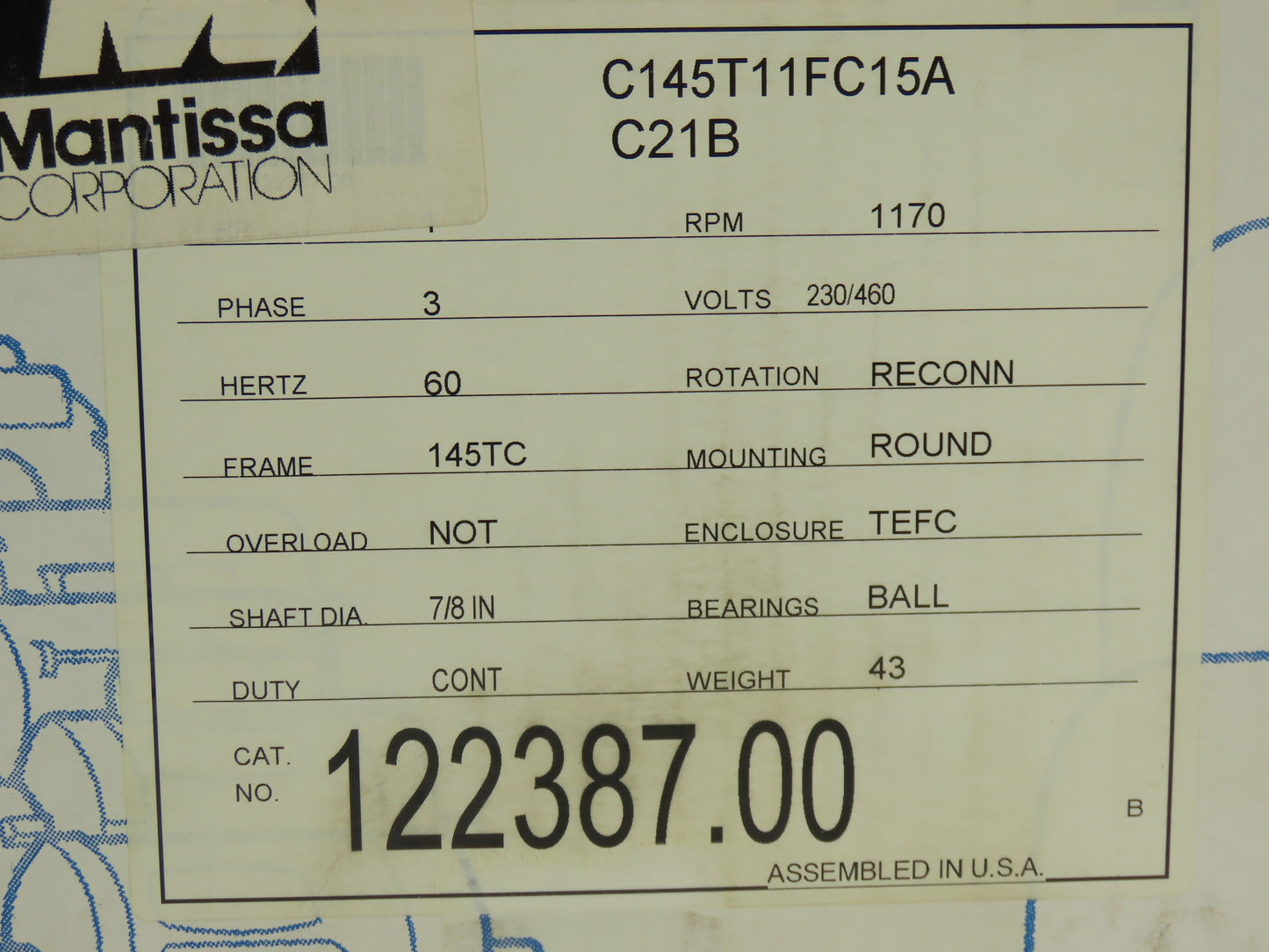 Leeson C145T11FC15A AC Motor 1Hp 1170rpm 230/460V 3PH 143/145TC TEFC 122387.00