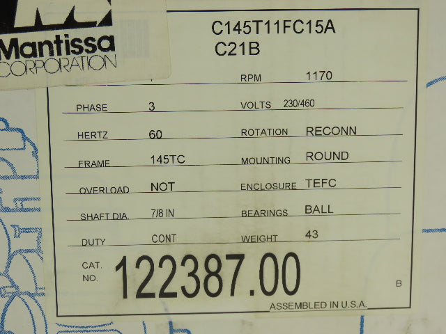 Leeson C145T11FC15A AC Motor 1Hp 1170rpm 230/460V 3PH 143/145TC TEFC 122387.00