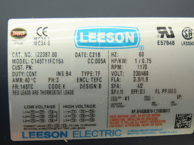 Leeson C145T11FC15A AC Motor 1Hp 1170rpm 230/460V 3PH 143/145TC TEFC 122387.00