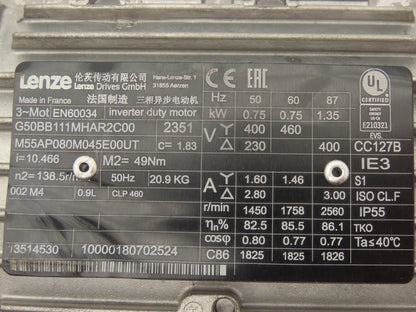 Lenze M55AP080M045E00UT Gearmotor 10.4 Ratio .75kw 230/460V 168rpm Hollow Shaft
