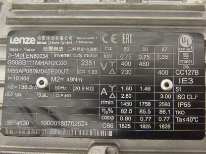 Lenze M55AP080M045E00UT Gearmotor 10.4 Ratio .75kw 230/460V 168rpm Hollow Shaft