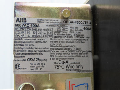 ABB OESA-F600JT6-4 Fusible Disconnect Switch 600A 600VAC 4 Pole Fused