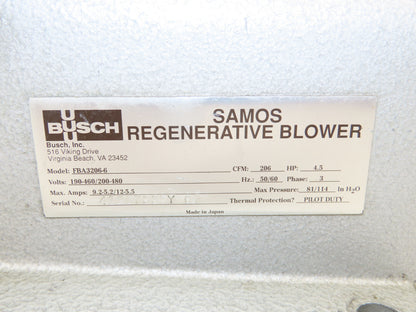 FBA3206-6 Ring Compressor Samos Regenerative Blower 206cfm 4.5Hp 480VAC 2"NPT