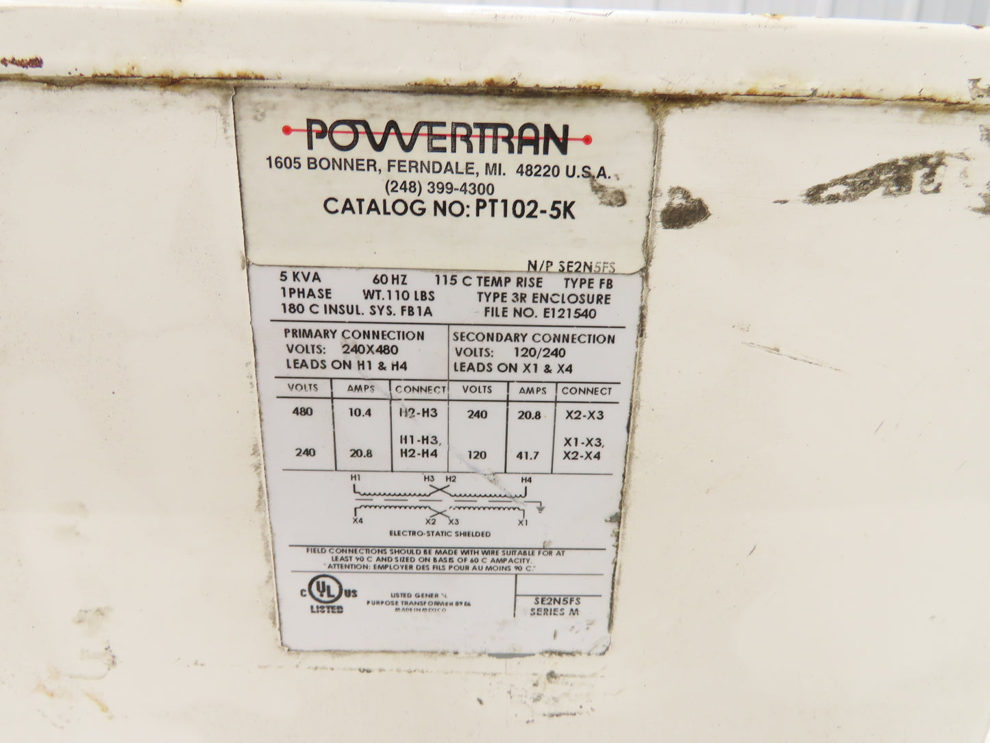 PowerTran PT102-5K Stepdown Power Transformer 5kVA 1ph HV 240/480V LV 120/240V