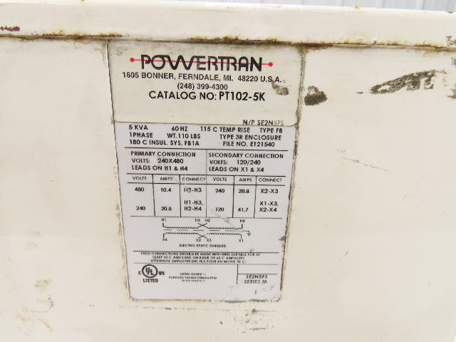 PowerTran PT102-5K Stepdown Power Transformer 5kVA 1ph HV 240/480V LV 120/240V