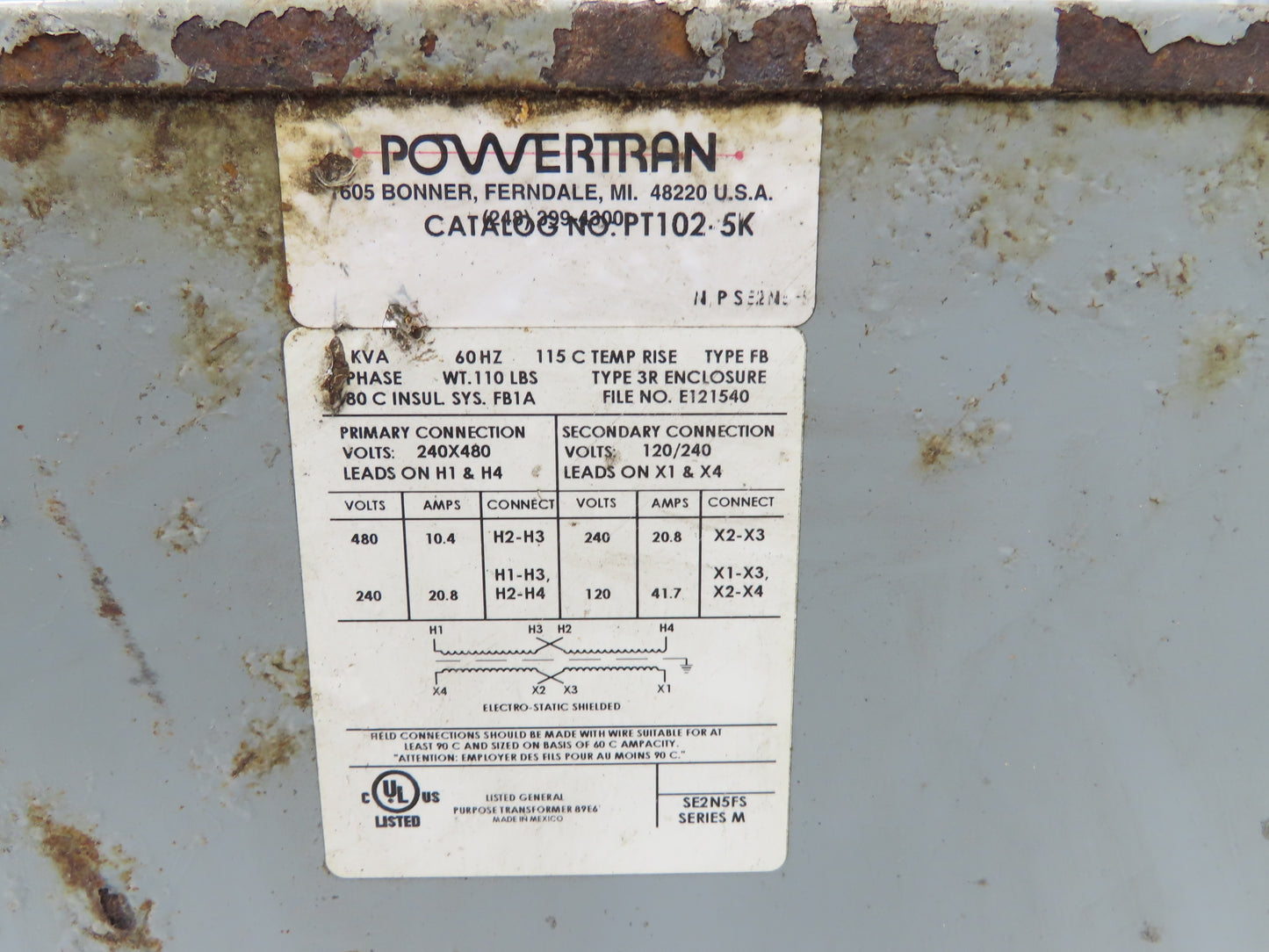 PowerTran PT102-5K Stepdown Power Transformer 5kVA 1ph HV 240/480V LV 120/240V