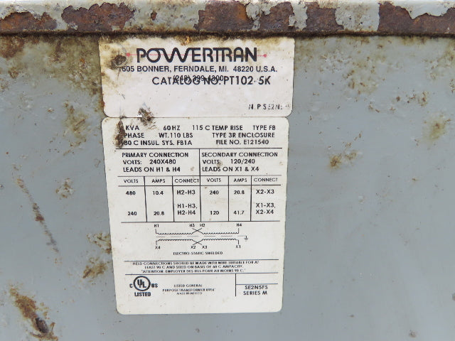 PowerTran PT102-5K Stepdown Power Transformer 5kVA 1ph HV 240/480V LV 120/240V