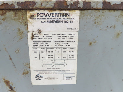 PowerTran PT102-5K Stepdown Power Transformer 5kVA 1ph HV 240/480V LV 120/240V