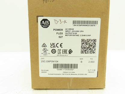 Allen Bradley 25C-D6P0N104 PowerFlex 527 Variable AC Drive VFD 3HP 480V 3PH