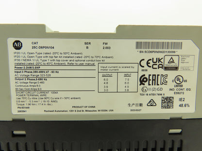 Allen Bradley 25C-D6P0N104 PowerFlex 527 Variable AC Drive VFD 3HP 480V 3PH
