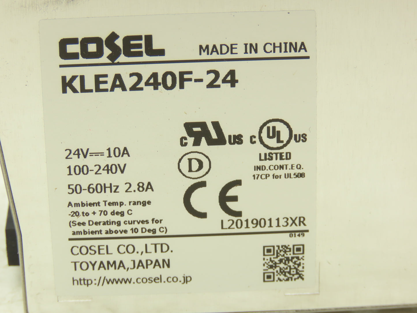 Cosel KLEA240F-24 DC Power Supply Switching Mode 24VDC 10A 100-240V In