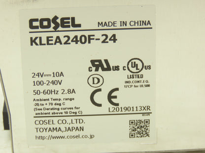 Cosel KLEA240F-24 DC Power Supply Switching Mode 24VDC 10A 100-240V In