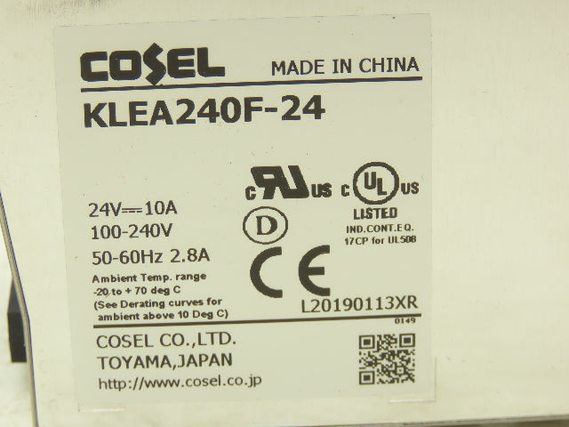 Cosel KLEA240F-24 DC Power Supply Switching Mode 24VDC 10A 100-240V In