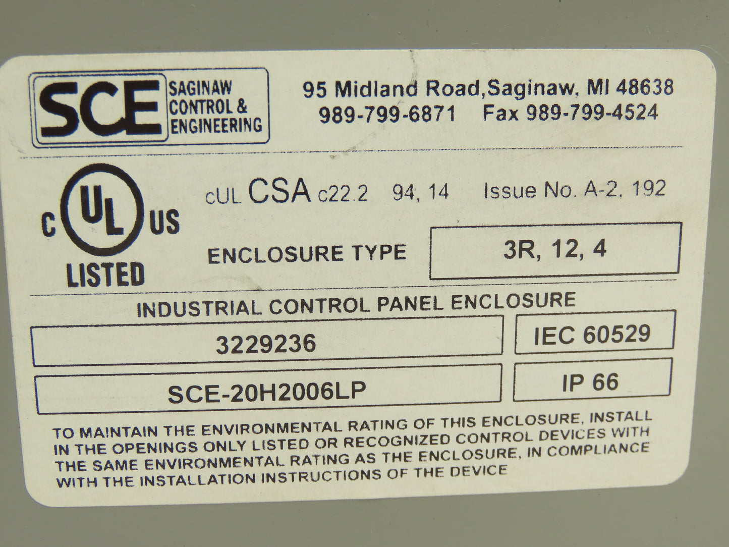 Saginaw SCE-20H2006LP Electrical Enclosure 20x20x6" Backplate Knockout Wallmount