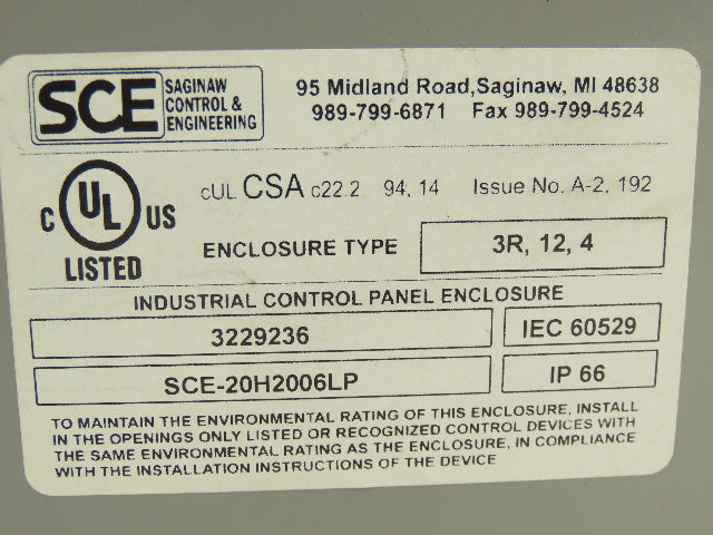 Saginaw SCE-20H2006LP Electrical Enclosure 20x20x6" Backplate Knockout Wallmount