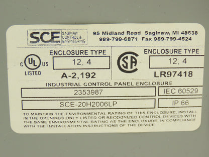 Saginaw SCE-20H2006LP Electrical Enclosure 20x20x6" Backplate Knockout Wallmount