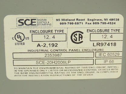 Saginaw SCE-20H2006LP Electrical Enclosure 20x20x6" Backplate Knockout Wallmount