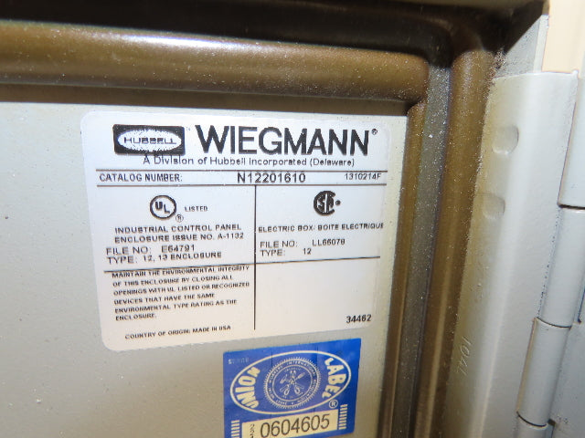 Wiegmann N12201610 Electrical Enclosure Cabinet 20"x16"x10" Backplate