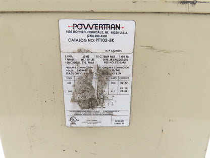 PowerTran PT102-5K Stepdown Power Transformer 5kVA 1ph HV 240/480V LV 120/240V