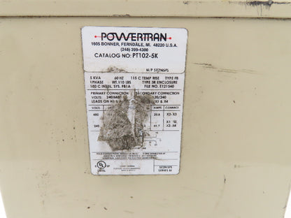 PowerTran PT102-5K Stepdown Power Transformer 5kVA 1ph HV 240/480V LV 120/240V