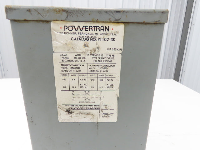 Powertran PT102-3K Stepdown Transformer 3 KVA 1Ph HV 240/480V LV 120/240V