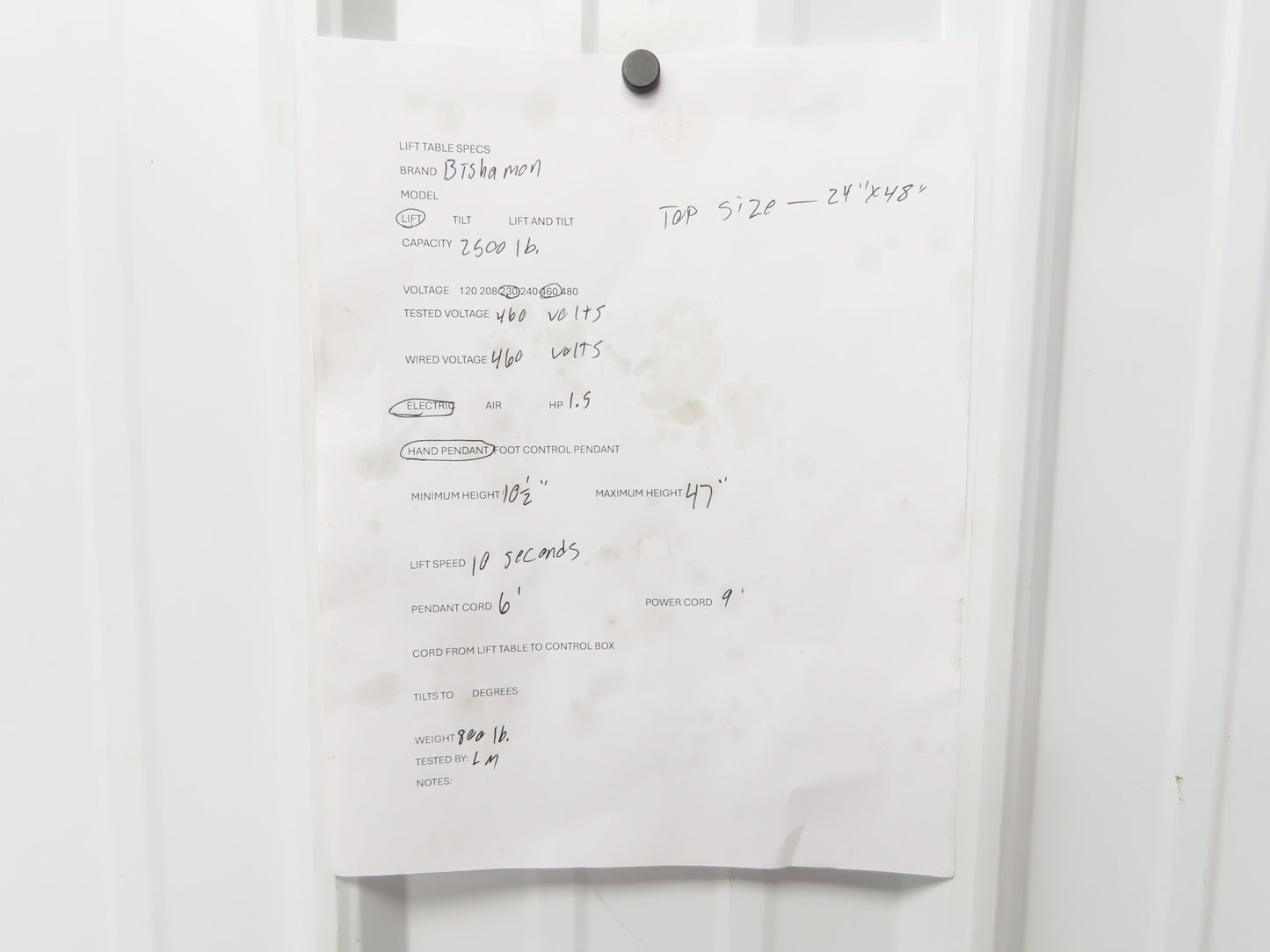 Bishamon Hydraulic Lift Table 2500lbs 36" Travel 24x48" Swivel Top 3Ph