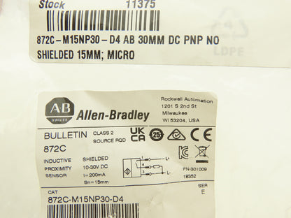 Allen Bradley 872C-M15NP30-D4 Inductive Proximity Switch 30MM Barrel 24VDC