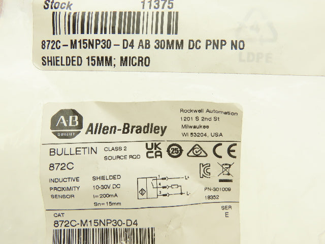 Allen Bradley 872C-M15NP30-D4 Inductive Proximity Switch 30MM Barrel 24VDC