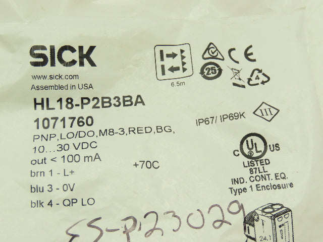 Sick HL18-P2B3BA Photoelectric Proximity Sensor 0.03-6.5m Sensing Range